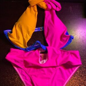 SHEIN Pink and Yellow One Piece Swimsuit